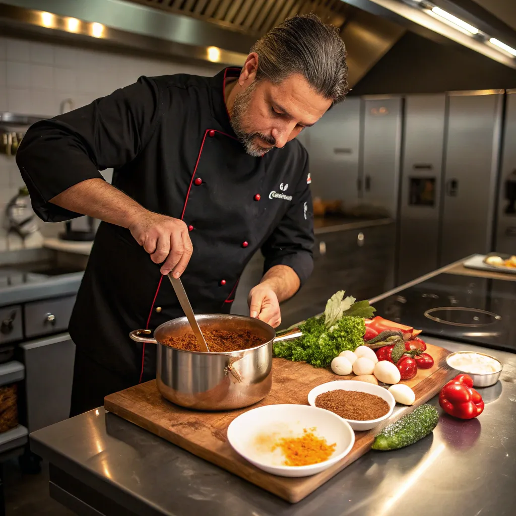 Professional chef demonstrating sauce preparation techniques